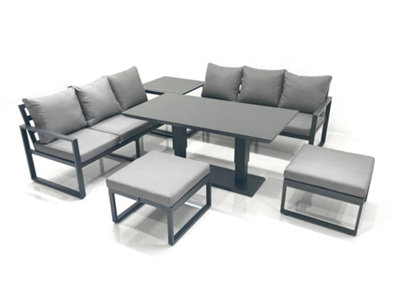 Fimous Aluminium Outdoor Garden Furniture Set with Adjustable Rising Lifting Dining Table 3 Seater Sofa 2 Big Footstool Side Table