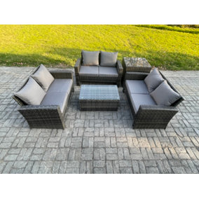 Fimous Dark Grey 6 Seater Outdoor Rattan Garden Furniture Set Patio Love Sofa Rectangular Coffee Table Set with Side Table
