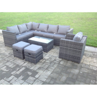 Fimous Dark Grey  Mixed Rattan Garden Furniture Corner Sofa Set Oblong Coffee Table Chair Footstools