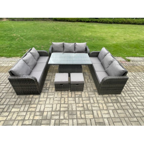 Fimous Garden Dining Set Outdoor Rattan Furniture Lounge Sofa Height Adjustable Rising lifting Table