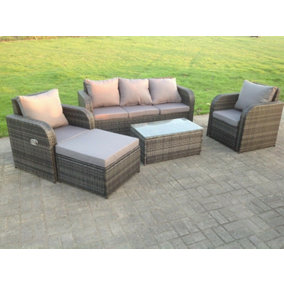 Fimous Grey Wicker Rattan Garden Furniture Set Lounge Sofa Reclining Chair Outdoor Big Footstool 6 Seater Oblong Table