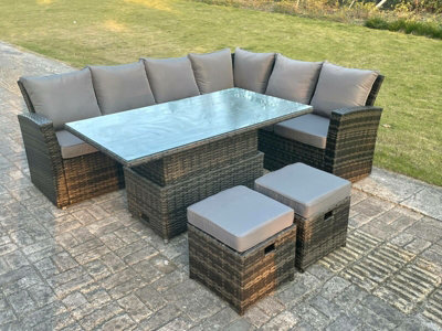 Fimous High Back Rattan Garden Furniture Corner Sofa Sets Adjustable Rising Table Dark Mixed Grey 8 Seater DIY at B Q