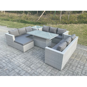 Fimous Lounge Rattan Garden Furniture Set Adjustable Rising Lifting Table Dining Set With Side Coffee Tea Table Footstool