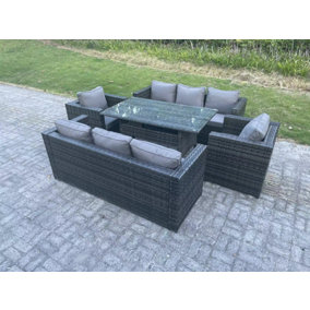 Fimous Outdoor Lounge Sofa Rattan Garden Furniture Set Patio Armchair and Rectangular Dining Table 8 Seater Dark Grey Mixed