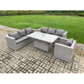 Fimous Outdoor PE Rattan Garden Funiture Set Height Adjustable Rising Lifting Table Sofa Dining Set with Armchair