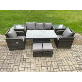 Fimous Outdoor Rattan Furniture Garden Dining Sets Adjustable Rising lifting Table Sofa Set With Chair 2 Small Footstools