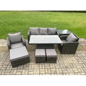 Fimous Outdoor Rattan Furniture Sofa Garden Dining Sets Adjustable Rising lifting Table and Chair Set With Side Table