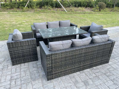 Fimous Outdoor Rattan Garden Furniture Height Adjustable Table Sets Rising Table Lounge Chairs Dark Grey 8 Seater