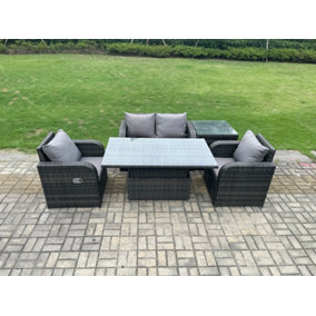Fimous Outdoor Rattan Garden Furniture Set Height Adjustable Rising lifting Dining Table Love Sofa With Side Table Chair