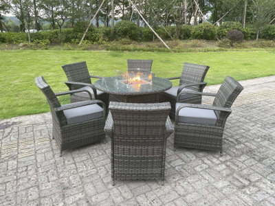Fimous PE Rattan Garden Furniture Gas Fire Pit Round Dining Table Gas