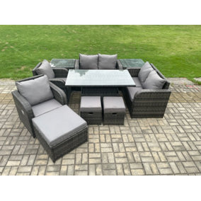 Fimous PE Rattan Garden Furniture Set Outdoor Height Adjustable Rising lifting Dining Table Chair With 2 Side Tables
