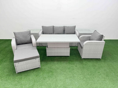 Fimous PE Rattan Garden Furniture Set Reclining Chair Sofa Lounge Sofa Set Adjustable Lifting Table 2 Side Table Big Footstool