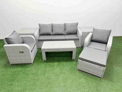 Fimous PE Rattan Garden Furniture Set Reclining Chair Sofa Lounge Sofa Set Rectangular Coffee Table 2 Side Table Big Footstool