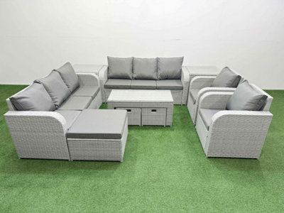 Fimous PE Rattan High Back Lounge Sofa Set Oblong Coffee Table & Chairs Set Reclining Chair 3 Stools 2 Side Table Light Grey