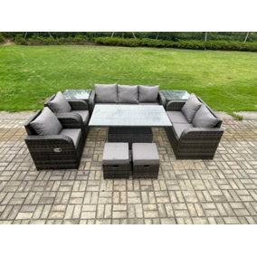 Fimous PE Rattan Outdoor Garden Furniture Sets Height Adjustable Rising lifting Dining Table Reclining Chair Sofa Set