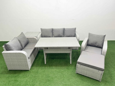 Fimous PE Wicker 7 Seater Outdoor Rattan Furniture Sofa Sets Reclining Chair Big Footstool Side Table Light Grey