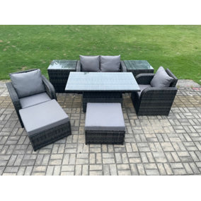 Fimous Rattan Furniture Outdoor Garden Dining Sets Patio Height Adjustable Rising lifting Table Love Sofa With Stools