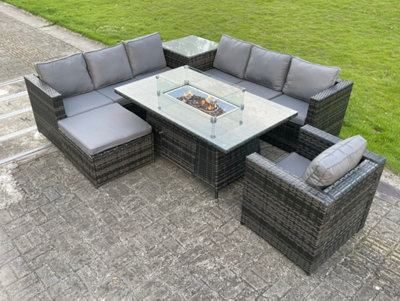 Fimous Rattan Garden Corner Furniture Gas Fire Pit Table Sets Gas