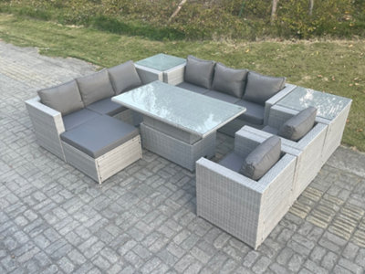 Fimous Rattan Garden Funiture Set Adjustable Rising Lifting Table Sofa Dining Set Lounge Chair 2 Side Table Footstool