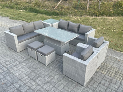 Fimous Rattan Garden Funiture Set Adjustable Rising Lifting Table Sofa Dining Set Lounge Chair Side Table Stool