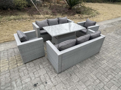 Fimous Rattan Garden Funiture Set Adjustable Rising Lifting Table Sofa Dining Set Lounge Sofa With 2 Arm Chair