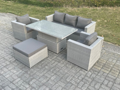 Fimous Rattan Garden Funiture Set Adjustable Rising Lifting Table Sofa Dining Set With 2 Arm Chair Big Footstool