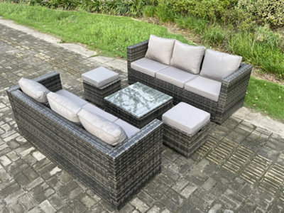 Fimous Rattan Garden Furniture Set 8 Seater Patio Outdoor Lounge Sofa Set with Square Coffee Table 2 Small Footstools