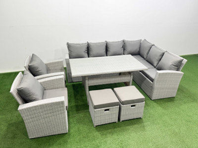 Fimous Rattan Garden Furniture Set Outdoor 10 Seater Patio Dining Corner Sofa Sets with Dining Table Chair 2 Small Footstool