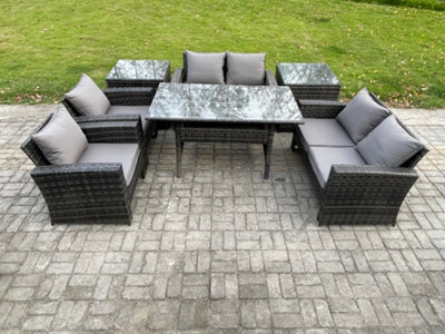 Fimous Rattan Garden Furniture Set Patio Outdoor Lounge Sofa Set with Oblong Dining Table Double Seat Sofa for Garden