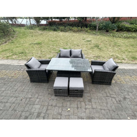 Fimous Rattan Outdoor Furniture Adjustable Rising Lifting Dining Table  Chairs Two Seater Love Sofa Sets Footstools 6 Seater