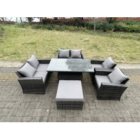 Fimous Rattan Outdoor Furniture Adjustable Rising Lifting Dining Table  Chairs Two Seater Love Sofa Sets Footstools 7 Seater