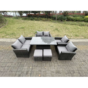 Fimous Rattan Outdoor Furniture Adjustable Rising Lifting Dining Table  Chairs Two Seater Love Sofa Sets Footstools 8 Seater