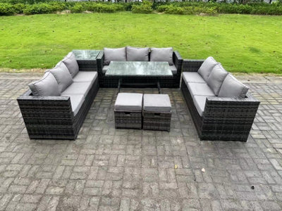 Fimous Rattan Outdoor Furniture Lounge Sofa Garden Dining Set with Dining Table Side Table 2 Small Footstools