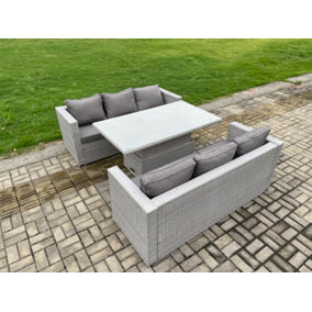 Fimous Rattan Outdoor Garden Funiture Set Height Adjustable Rising Lifting Table Sofa Dining Set with Light Grey