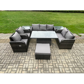 Fimous Rattan Outdoor Garden Furniture Sets Adjustable Rising lifting Dining Table Reclining Chair Sofa Set