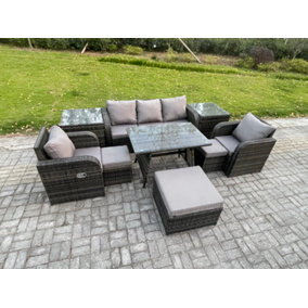Fimous Rattan Wicker Garden Furniture Patio Conservatory Sofa Set with Rectangular Dining Table Reclining Chair 3 Seater Sofa