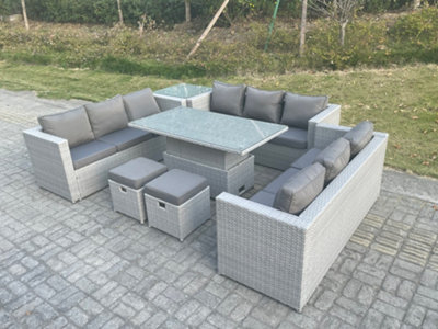 Fimous U Shape Lounge Rattan Garden Furniture Set Adjustable Rising Lifting Table Dining Set With Side Coffee Tea Table Stool