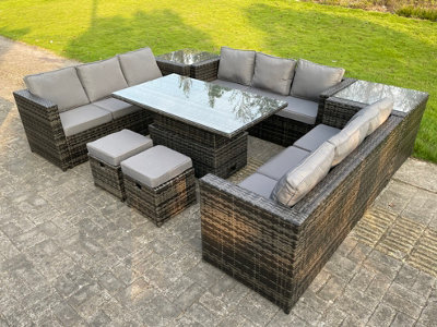 Fimous U Shape Rattan Gardern Furniture Dining Sofa Set Adjustable Rising Table Extra 2 Small Stools