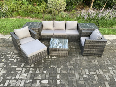 Fimous Wicker 7 Pieces Rattan Garden Furniture Sofa Set with Armchair 2 Side Tables Square Coffee Table Dark Grey Mixed DIY at B Q