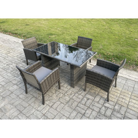 Fimous Wicker PE Outdoor Rattan Garden Furniture Arm Chair And Table Dining Sets 4 Seater Rectangular Table Dark Grey Mixed