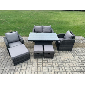 Fimous Wicker PE Rattan Furniture Garden Dining Set Outdoor Height Adjustable Rising lifting Table Love Sofa Chair Set