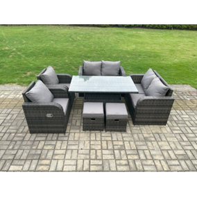 Fimous Wicker PE Rattan Furniture Garden Dining Set Outdoor Height Adjustable Rising lifting Table Love Sofa Chairs