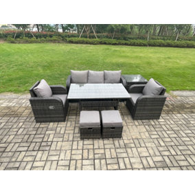Fimous Wicker PE Rattan Garden Furniture Set Outdoor Rectangular Dining Table and Chair Sofa Set With 2 Small Footstools
