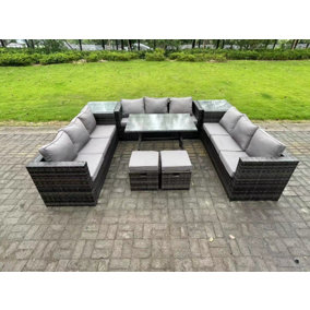 Fimous Wicker PE Rattan Outdoor Furniture Lounge Sofa Garden Dining Set with Dining Table 2 Side Tables