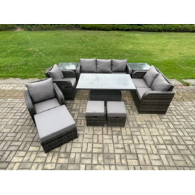 Fimous Wicker PE Rattan Outdoor Garden Furniture Sets Adjustable Rising lifting Dining Table Sofa Set with Side Tables