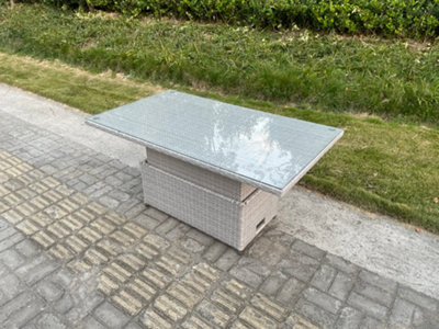 Fimous Wicker Rattan Garden Furniture Adjustable Rising Dining or Coffee Table In Light Grey Mixed