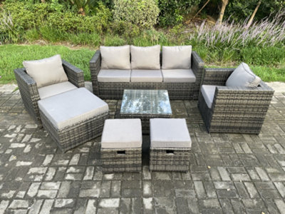 Fimous Wicker Rattan Garden Furniture Sofa Set with Armchair Square Coffee Table 3 Footstools Dark Grey Mixed DIY at B Q