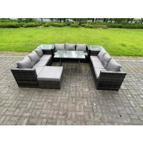 Fimous10 Seater Wicker PE Rattan Outdoor Furniture Lounge Sofa Garden Dining Set with Dining Table Side Tables