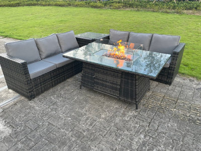 FimousOutdoor Rattan Garden Furniture Gas Fire Pit Dining Table Sets Gas  Heater 2 Side Table Dark Mixed Grey 6 Seater | DIY at Bu0026Q