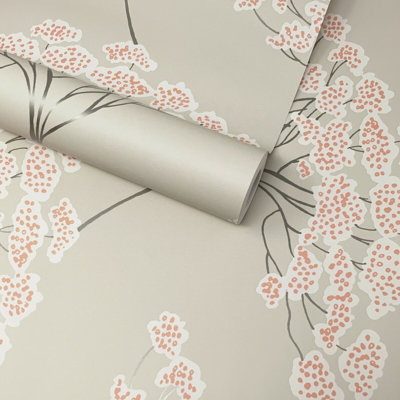 Fine Décor Banyan Tree light Grey & Coral Wallpaper